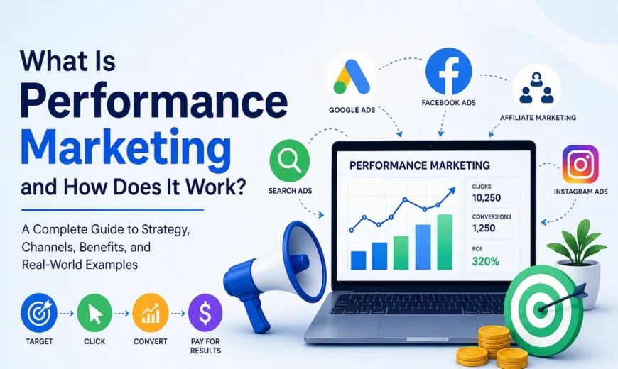 What is performance marketing and how does it work infographic showing Google Ads, Facebook Ads, affiliate marketing, conversion tracking, ROI, and digital marketing channels.