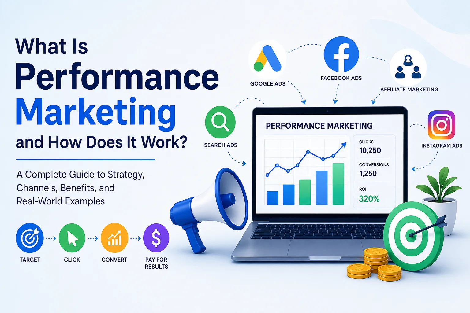 What is performance marketing and how does it work infographic showing Google Ads, Facebook Ads, affiliate marketing, conversion tracking, ROI, and digital marketing channels.