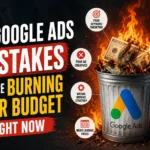 7 Google Ads mistakes that waste ad spend, showing burning money in a trash bin with common PPC campaign errors