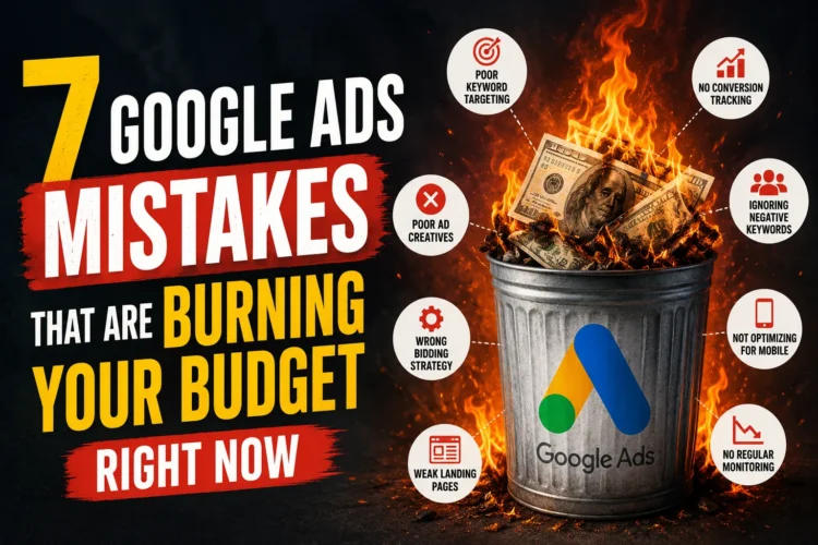 7 Google Ads mistakes that waste ad spend, showing burning money in a trash bin with common PPC campaign errors