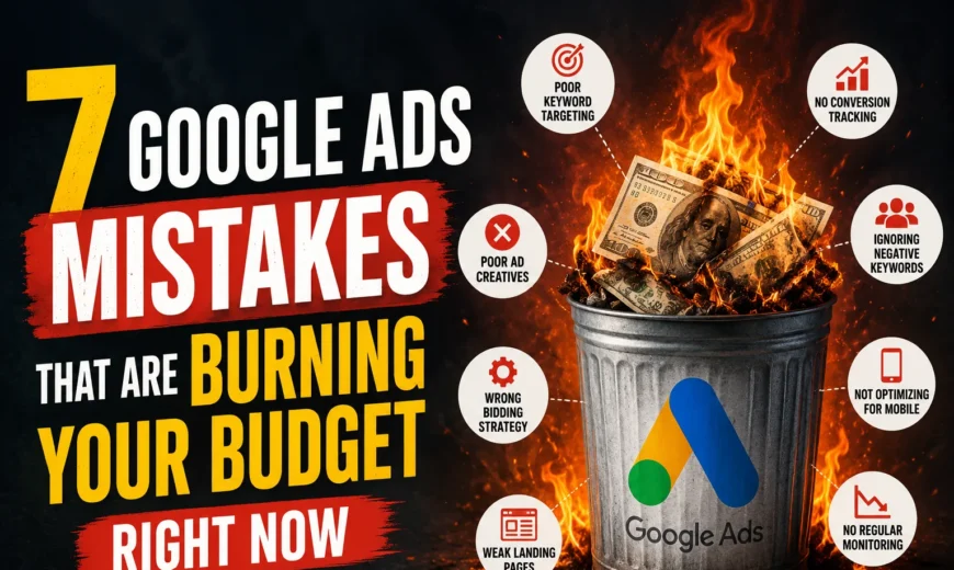 7 Google Ads mistakes that waste ad spend, showing burning money in a trash bin with common PPC campaign errors