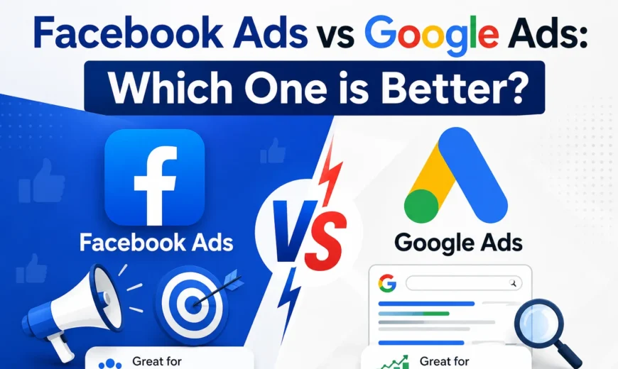 Facebook Ads vs Google Ads comparison for digital marketing strategy, PPC advertising, audience targeting, and search intent marketing