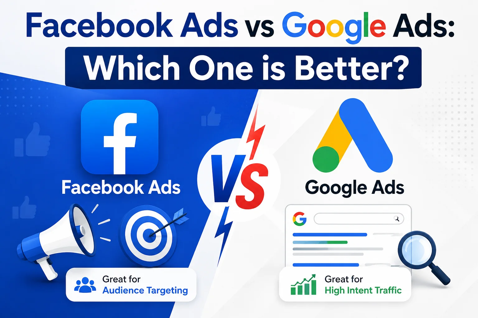 Facebook Ads vs Google Ads comparison for digital marketing strategy, PPC advertising, audience targeting, and search intent marketing