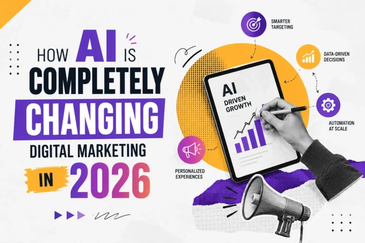 AI-driven digital marketing trends in 2026 showing automation, personalized campaigns, and data-driven growth strategies
