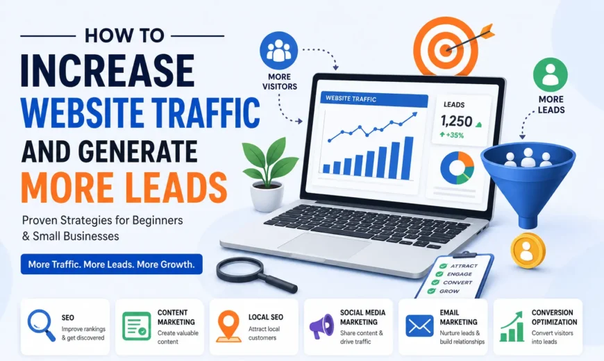 How to increase website traffic and generate more leads using SEO, content marketing, social media, local SEO, and conversion optimization