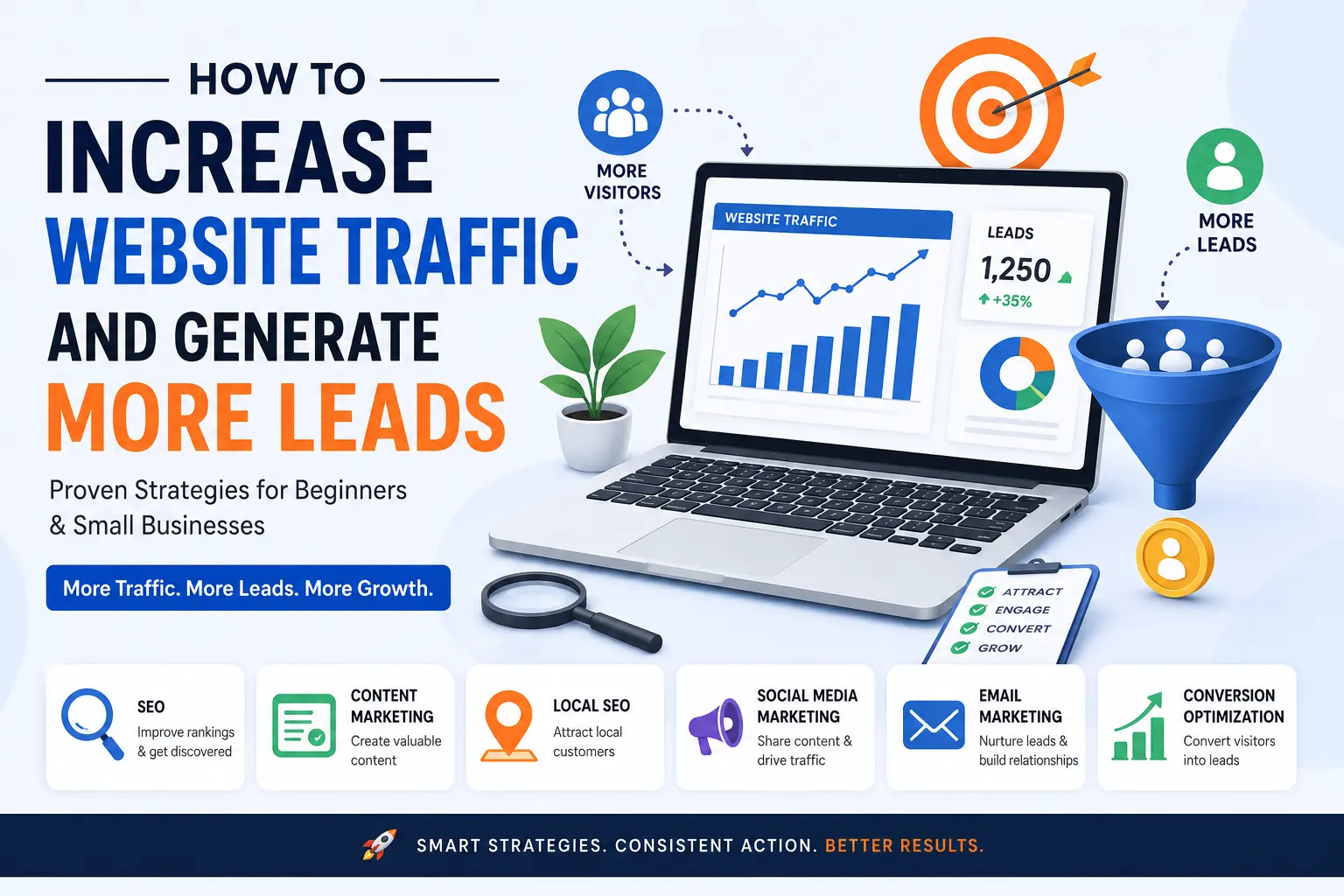 How to increase website traffic and generate more leads using SEO, content marketing, social media, local SEO, and conversion optimization