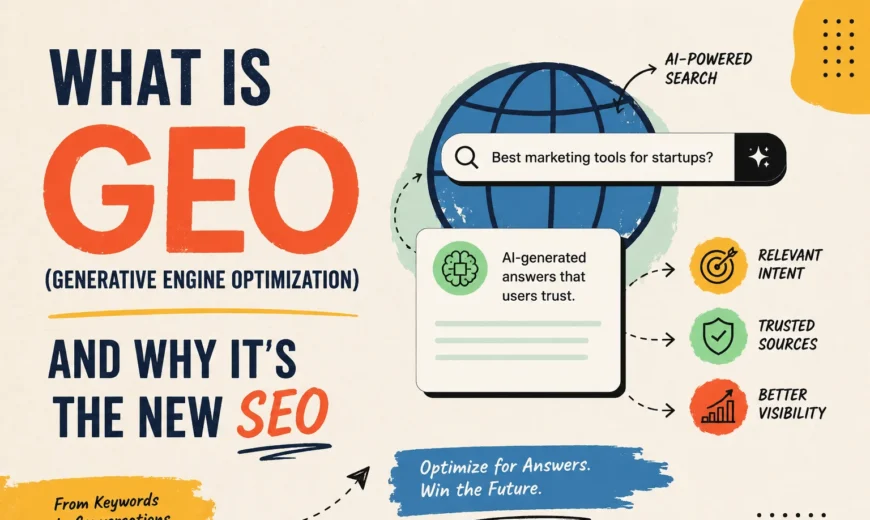 What is GEO Generative Engine Optimization infographic showing AI search optimization, SEO evolution, and AI-generated answers