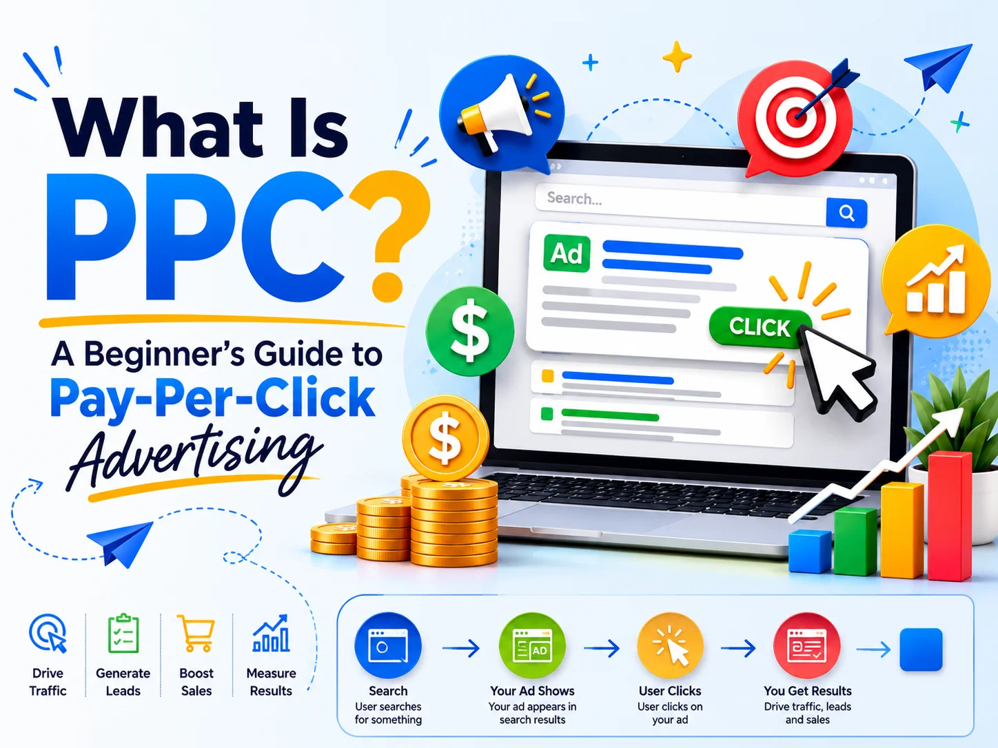 What is PPC advertising? Beginner's guide to pay-per-click marketing, Google Ads campaigns, and online advertising strategy.