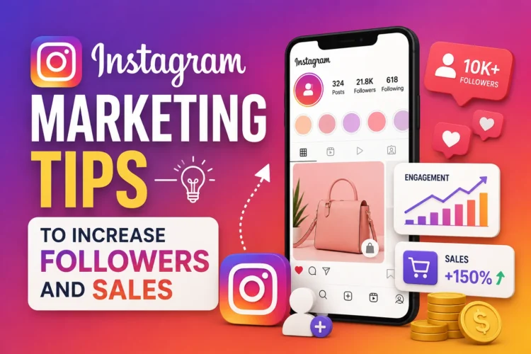 Instagram marketing tips showing social media growth strategies, follower increase techniques, engagement optimization, and sales boosting methods for businesses.