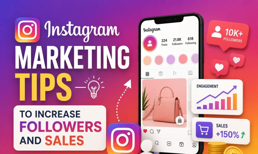 Instagram marketing tips showing social media growth strategies, follower increase techniques, engagement optimization, and sales boosting methods for businesses.