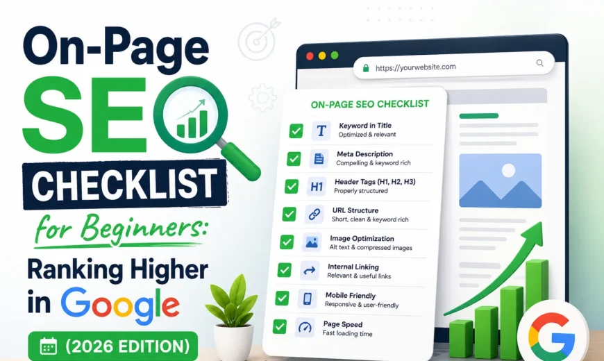 On-Page SEO Checklist for Beginners showing title tags, meta descriptions, header tags, image optimization, internal linking, and Google ranking optimization for 2026.
