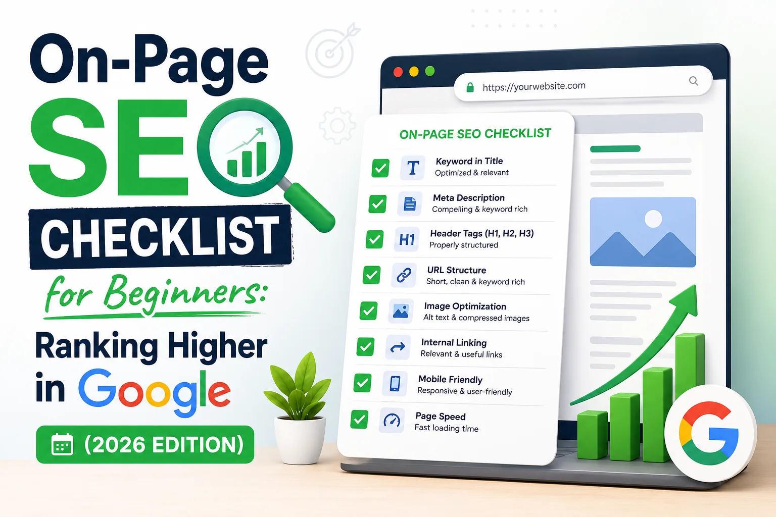 On-Page SEO Checklist for Beginners showing title tags, meta descriptions, header tags, image optimization, internal linking, and Google ranking optimization for 2026.