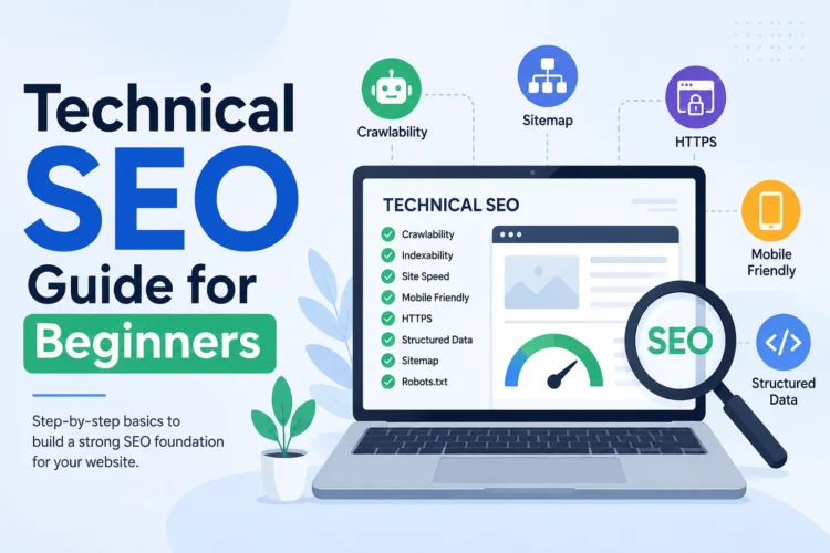 Technical SEO guide for beginners showing website optimization, crawlability, XML sitemap, HTTPS, mobile-friendly design, and structured data for better search engine rankings.