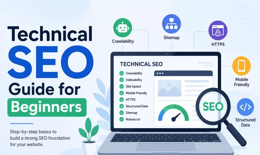 Technical SEO guide for beginners showing website optimization, crawlability, XML sitemap, HTTPS, mobile-friendly design, and structured data for better search engine rankings.
