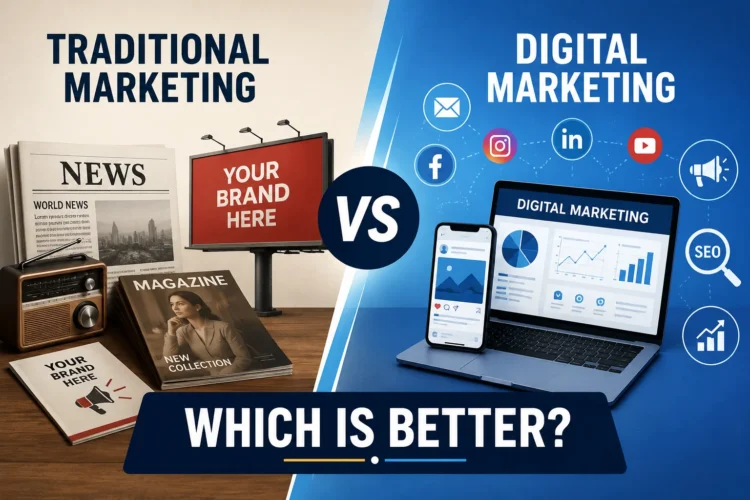 Comparison of traditional marketing vs digital marketing showing offline advertising, social media marketing, SEO, and online business promotion strategies.