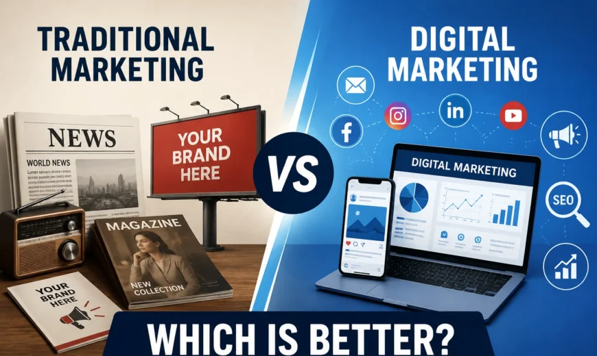 Comparison of traditional marketing vs digital marketing showing offline advertising, social media marketing, SEO, and online business promotion strategies.