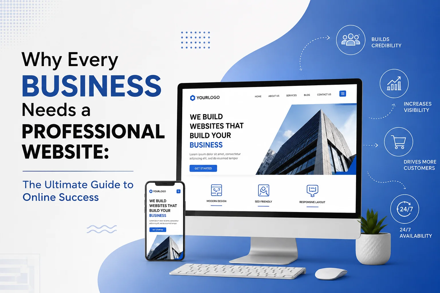 Why Every Business Needs a Professional Website – Modern website design displayed on desktop and mobile to illustrate online business growth, credibility, and digital success.