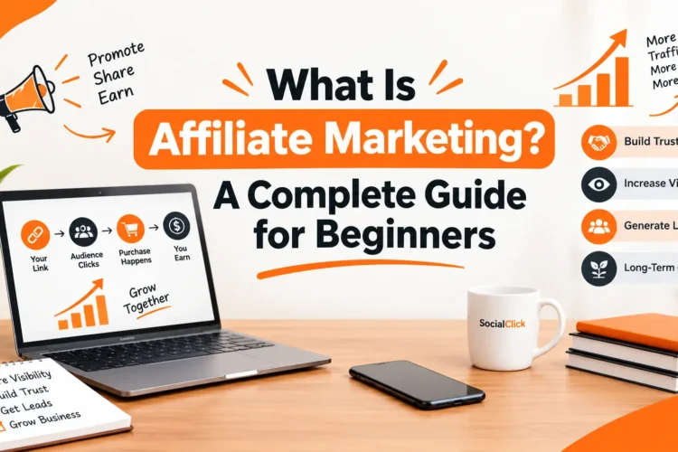 What Is Affiliate Marketing? How Does It Work? A Complete Guide for Beginners – digital marketing illustration showing affiliate links, audience clicks, purchases, and earnings