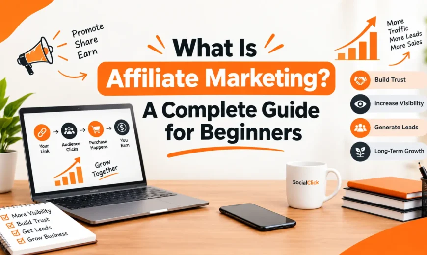 What Is Affiliate Marketing? How Does It Work? A Complete Guide for Beginners – digital marketing illustration showing affiliate links, audience clicks, purchases, and earnings