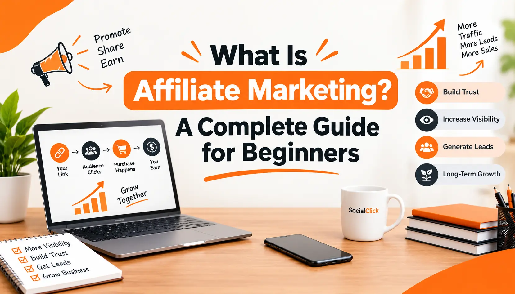 What Is Affiliate Marketing? How Does It Work? A Complete Guide for Beginners – digital marketing illustration showing affiliate links, audience clicks, purchases, and earnings