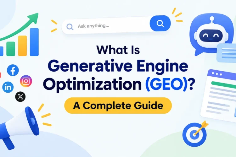 Alt Text: What Is Generative Engine Optimization (GEO)? A Complete Guide with digital marketing icons, search, AI, and growth graphics