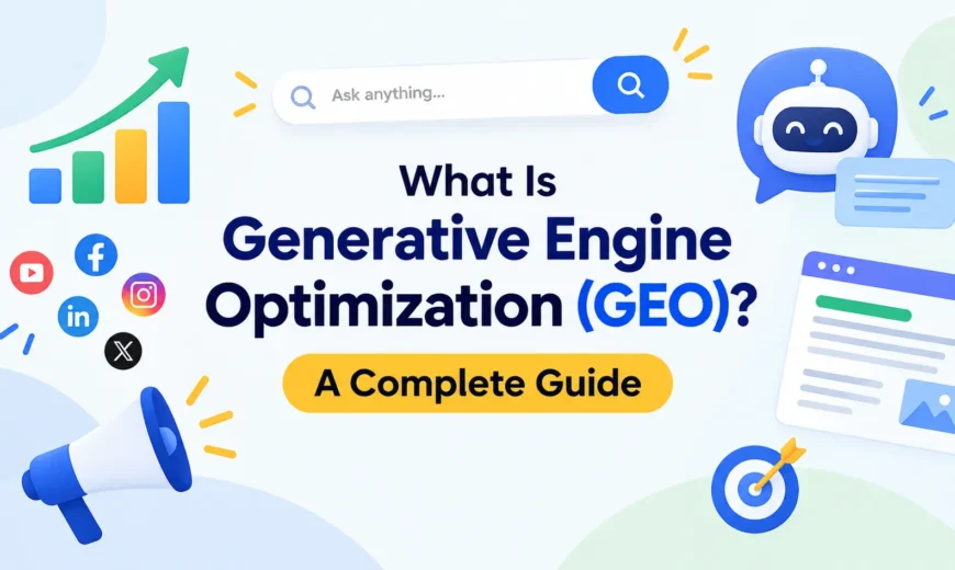 Alt Text: What Is Generative Engine Optimization (GEO)? A Complete Guide with digital marketing icons, search, AI, and growth graphics