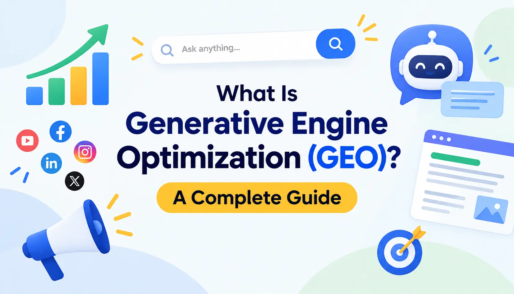 Alt Text: What Is Generative Engine Optimization (GEO)? A Complete Guide with digital marketing icons, search, AI, and growth graphics