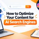 How to Optimize Your Content for AI Search Engines – digital marketing illustration featuring an AI assistant, search bar, growth chart, laptop, and megaphone.