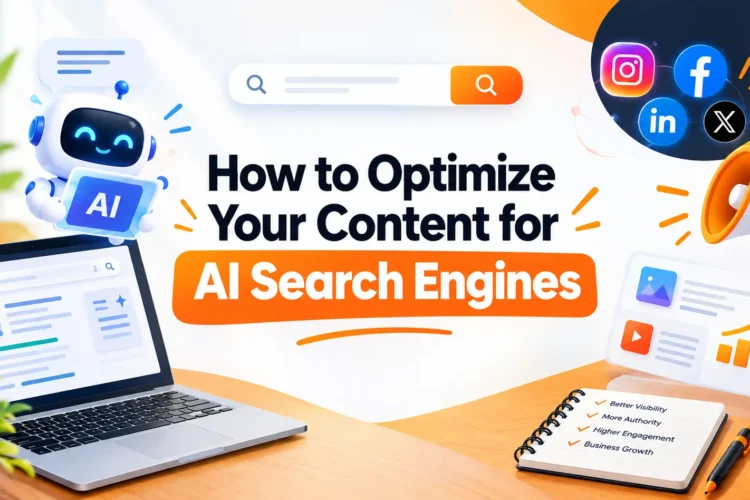 How to Optimize Your Content for AI Search Engines – digital marketing illustration featuring an AI assistant, search bar, growth chart, laptop, and megaphone.