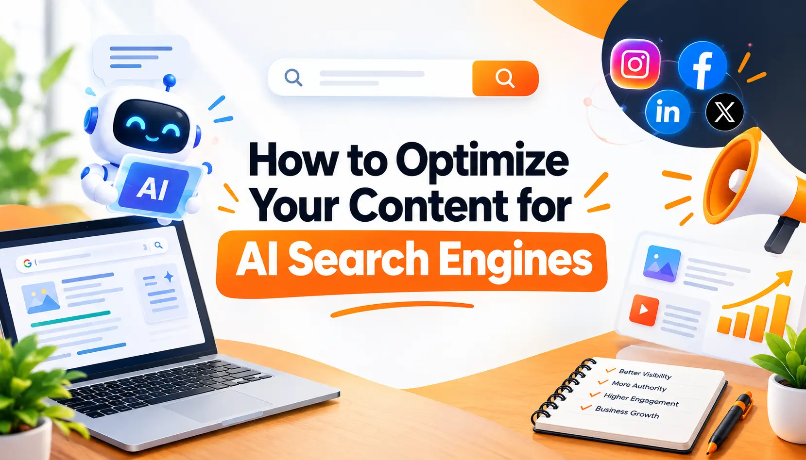How to Optimize Your Content for AI Search Engines – digital marketing illustration featuring an AI assistant, search bar, growth chart, laptop, and megaphone.